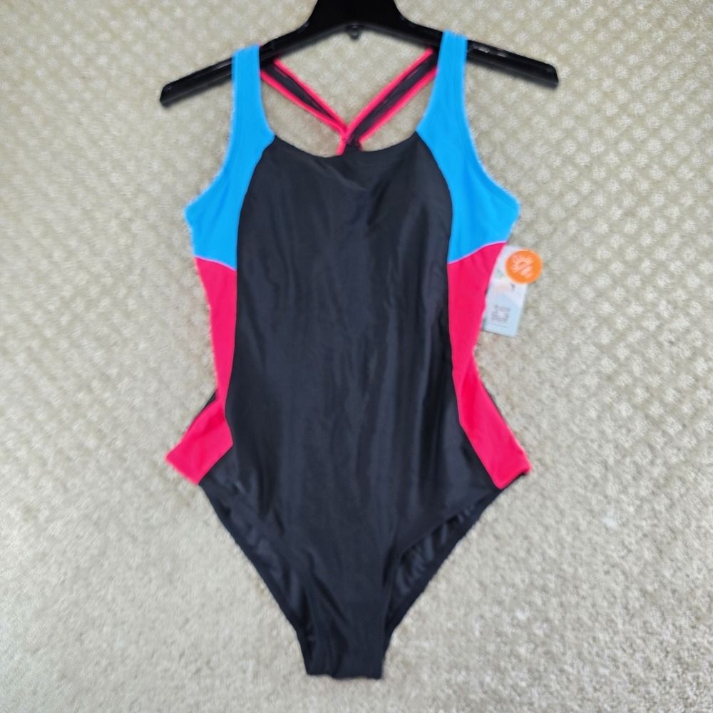 NWT Women's One Piece Swimsuit Medium Black Pink Blue Racerback UPF 50+